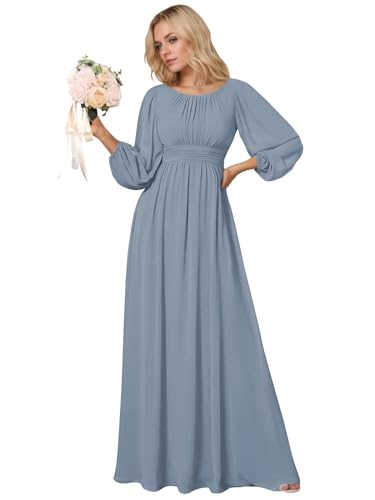 SOLODISH Modest Long Sleeve Bridesmaid Dresses A Line Chiffon Formal Dresses for Women4