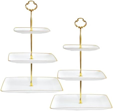 2 Pack RAUVOLFIA Plastic 3 Tier Cupcake Stand with Gold Rim, Plastic Tiered Serving Stand, Dessert Tower Tray for Tea Party, Baby Shower and Wedding, Square