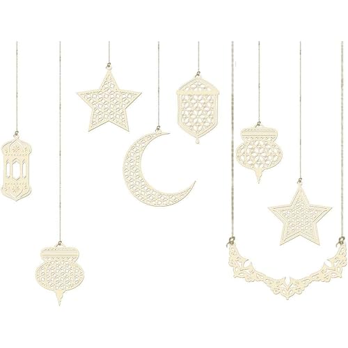 Image of Cliths Set of 8 Ramadan Decorations Wooden Hanging Ornaments for Eid Mubarak Islamic Home Decor Crescent Moon, Star, Lantern Eid Festival Decorations Car, Window, Door Hanging