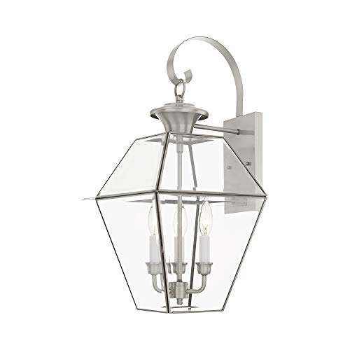Best Review Livex Lighting 2381-91 Transitional Three Light Outdoor Wall Lantern from Westover Collection in Pwt, Nckl, B/S, Slvr. Finish, Brushed Nickel