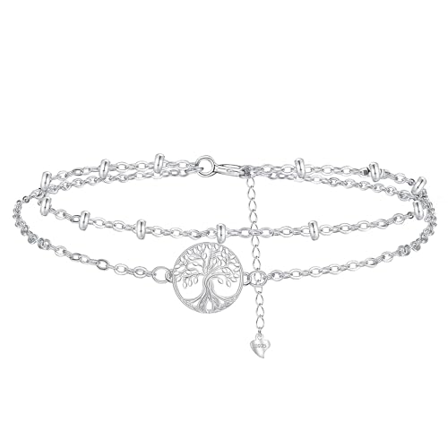 Hifeeled Pulsera Árbol de la Vida Plata 925 Para Mujer Doble Cadena,Regalos Originales Para Mujers Amigo - Ajustable（16cm+4）
