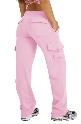Waitfairy Wide Leg Sweatpants Women Cargo Pants Fleeece High Waisted Baggy Sweatpants for Women Casual Pants with 8 Pockets Pink XL