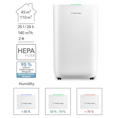 TROTEC Déshumidificateur-purificateur d'air TTK 70 HEPA (Plus) | filtration HEPA | Pour pièces de 50 m²/125 m³ max. | Capacité de déshumidification max. de 24 litres/24 heures – Image 3