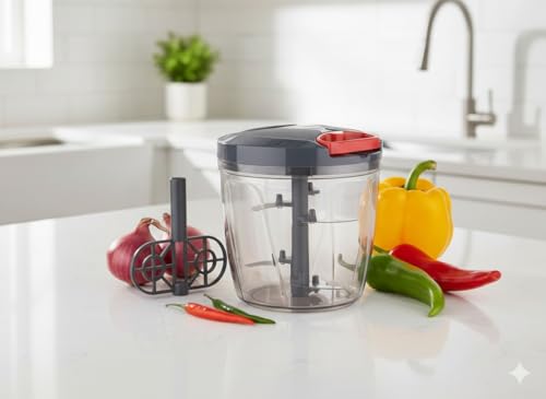 Image of 2 in 1 Multipurpose Manual Vegetable, Dry Fruit and Onion Handy Chopper and Quick Cutter with 3 Stainless Steel Blade, 1000ml, Big Size (Sky Blue)