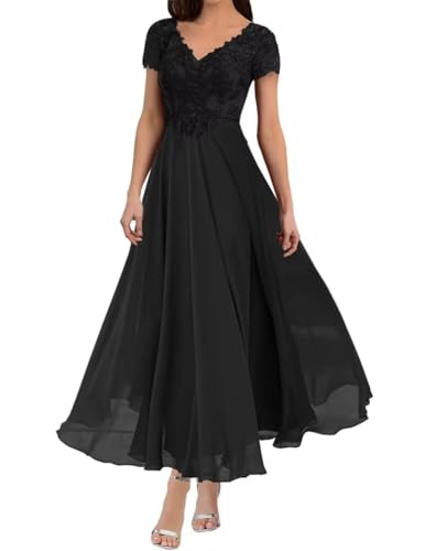 Black Wedding Dresses for Mother of The Groom Plus Size Short Sleeves Chiffon Lace Appliques V Neck Mother of The Bride Dresses for Wedding Size 22W