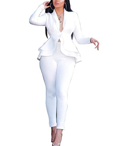 Casual Blazer for Women Womens Jackets - Womens Two Piece Outfits Blazer Long Sleeve Business Blazers Jacket Ruff Hem Casual Pants Suits Party Clubwear White