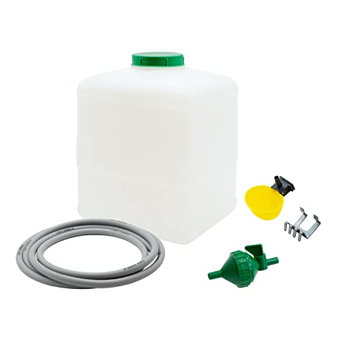 Kit Bebedero Automático para Aves de Corral (20L) - para Gallinas, Faisanes, Palomas - Depósito + Tubo + Llave con Filtro + Bebedero basculante Grande con Soporte
