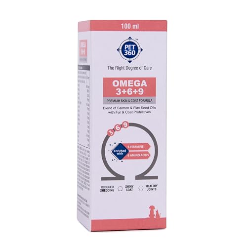 PET360 Omega 3+6+9 for Dogs | Blend of Salmon & Flax Seed Oils with Fur & Coat Protectives | Reduced Shedding | Shiny Coat | Healthy Joints | Nutritional Supplement for Pets - 100 ml