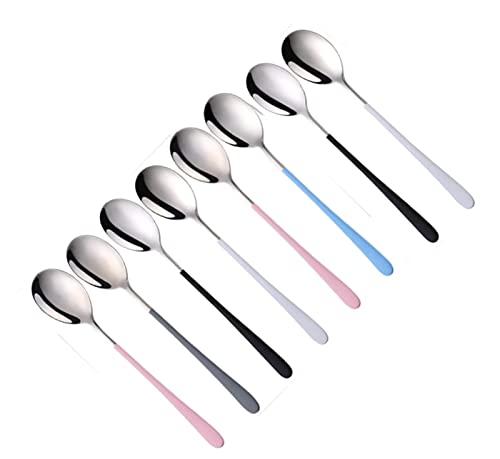 Image of YANCI Silverware Set, Stainless Steel Korean Silver Plated Round Head Soup Spoon, Table Spoon with 8.11 inch Long Handle Coffee Ice Cream Dessert Dinner Spoons Scoop (Random Color, 8 Pieces)