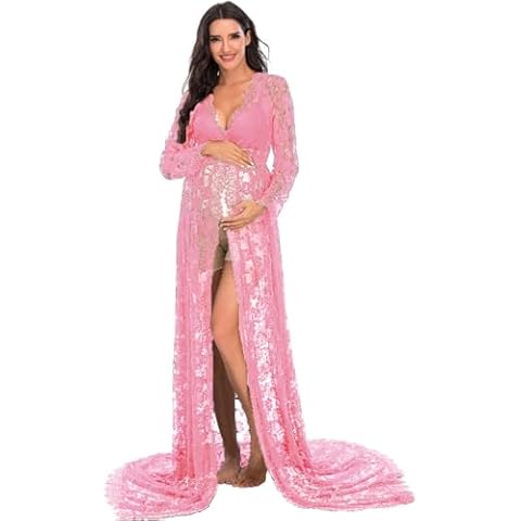ZIUMUDY Maternity Deep V-Neck Split Front See-Through Maxi Lace Dress for Photography with Long Sleeve (Pink, Medium) Cover
