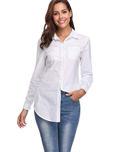fuinloth Women's Chambray Button Down Shirt, Long Sleeve Cotton Blouse, Long Jeans Tunic Top White 2X-Large