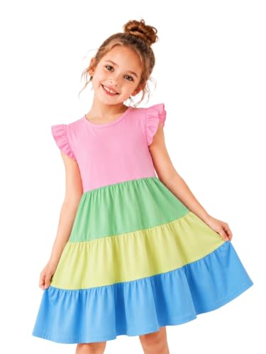 Image of HILEELANG Girls Cotton Tiered Dress Flutter Ruffle Sleeve Summer Swing Sundress Birthday Party Casual Outfit Colorblock 2-12Y