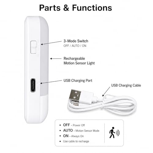 Image of One94Store Rechargeable Motion Sensor Light, Warm White LED Night Lamp with Auto On /Off Sensor 600 mAh, USB Charging Light for Bedroom, Wardrobe, Stairs & Cabinet
