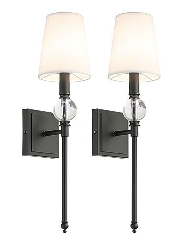 Image of XiNBEi Lighting Black Bathroom Sconces Set of 2 with Crystal Ball Accent | White Fabric Shade, Torch Indoor Wall Light Fixture, Hardwired, For Bedroom Bedside Living Room Kitchen Entryway Stairway