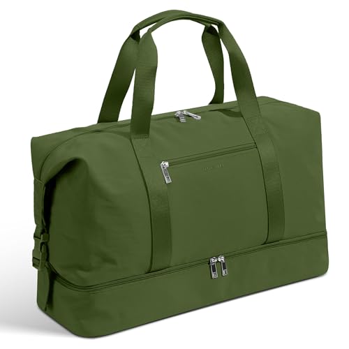 Image of Oeihuivt Weekender Bags for Women - 21 Inch Large Travel Duffel Bag with Shoe Compartment, Heavy-Duty Canvas Leather Carry On Overnight Tote, Green-1A, 21, Weekend Trip