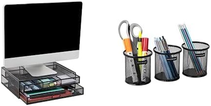 Mind Reader Soporte para monitor y 3 soportes para accesorios, organizador de escritorio, oficina, malla metálica, color negro