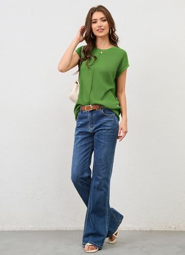 Image of Women Summer Casual Cap Sleeve Tank Tops Short Sleeve Waffle Knit Sweater Vest Oversized Crewneck Tee Shirt Green