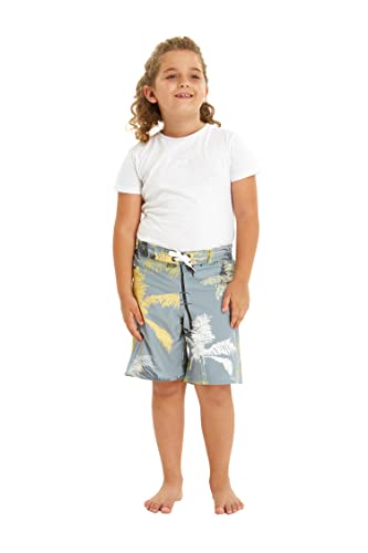 Boy's Spandex Hawaiian Beach Board Shorts with Elastic Tie and Pocket in Yellow Palms in Gray 12