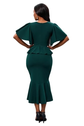 Image of Womens Summer Ruffle Short Sleeve Fishtail Dress Evening Cocktail Formal Peplum Midi Mermaid Dresses Elegant