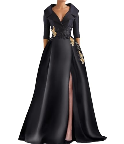 Satin Long Sleeve Prom Dress Appliques Formal Evening Dress V Neck Mother of The Bride Dress with Pockets3