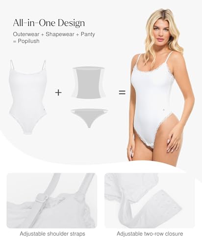 Image of Popilush Lace Body Suits Women - Square Neck Sleeveless Thong Bodysuit Tummy Conotrol Double Lined Camisole Tank Tops