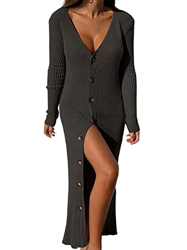 Image of ebossy Women's Ribbed Slim Long Knit Cardigan Sweater Sexy V Neck Button Down Crochet Maxi Dress Trench Coat (X-Small, Black)