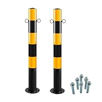 2 x Absperrpfosten Schwarz-Gelb Ø76mm H750mm 2 Ösen zum Stahl Robust Standfuß Stabil Park Poller Set Mit Befestigungsschrauben