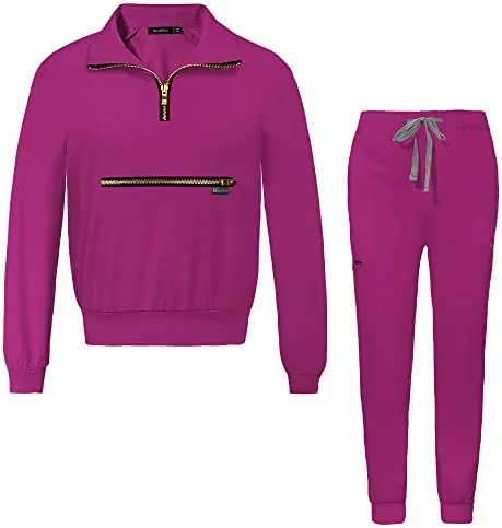 Niaahinn Scrub Set for Women - Long Sleeve Top Jogger Pants Solid Color Working Uniforms With Pockets