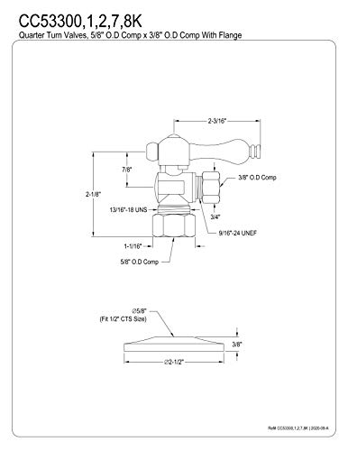 Vanne quart de tour Kingston Brass CC53307K d'équerre avec rosace