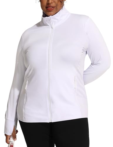 COOTRY Women's Plus Size Athletic Jackets Zip Up Lightweight Workout Running Track Jackets with Thumb Holes White 2XL