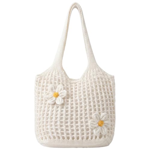 Sac fourre-tout au crochet blanc tricoté main à fleurs Boho pour l'été
