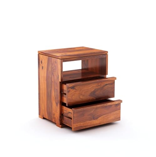 Image of Sheesham Wood Bedside End Table with 2 Drawers and Open Shelf Storage for Bedroom Living Room Wooden Furniture Side Table for Hotel Room Office (Honey Finish)