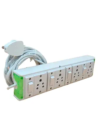 INDRICO Electric Junction Switch Board Multi Outlet Power Box with individual Switch Socket with heavy Duty Long Extension Wire Strip Cords for Home White-Green/Blue Pack of 1 (7 Meter Wire)