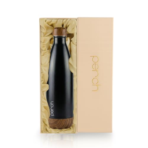 Image of Perch Retro Stainless Steel Water Bottle 980 ml | Hot & Cold Flask | Vacuum Insulated | ISI Certified | Leak Proof | BPA Free | for Office, School, Gym, Home & Travel | Wooden Black | Crafted by Pexpo