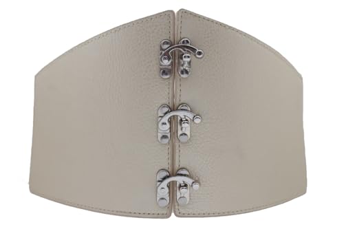 Women Elastic Waistband Wide Champagne Beige Corset Fashion Belt Silver Hook Plus Size L XL2