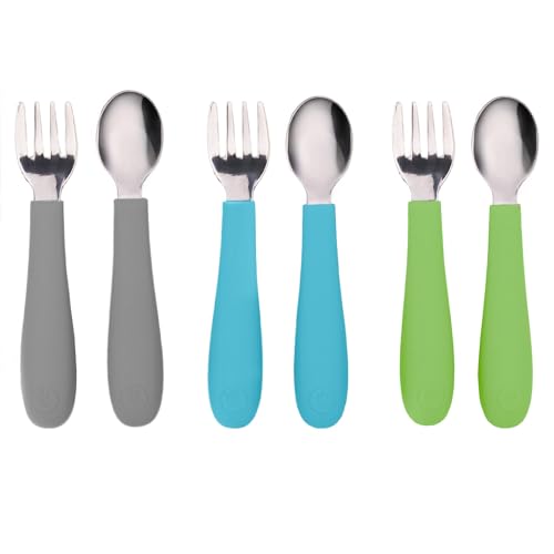 Image of WeeSprout Toddler Utensils, 3 Forks & 3 Spoons, 18/8 Stainless Steel & Food Grade Silicone, Thick Easy-Grip Handles, Perfect Length For New Self Feeders, Gentle On Gums & Teeth, Dishwasher Safe