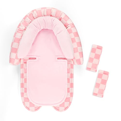 DAYEEBALL Infant Car Seat Insert with 2 Strap Pads, Carseat Cushion Baby Boy & Girl, Soft and Comfortable Carseat Head Support for Newborn, Pink Checkered