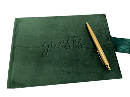 Rosh Pinnah Luxury Velvet Guest Book (96 Pages) - Sign-In Registry Guestbook & Keepsake & Polaroids Album Book – Velvet Hard Cover With Satin Ribbon - 7” X 10" (Green) #TOP6