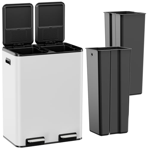 TLSUNNY Kitchen Dual Trash Can, 16 Gal Hands-Free Stainless Steel Garbage Can, Classified Rubbish Bin with Double Compartments, Soft-Close Lid, Inner Bucket, Odor Control (30L x 30L Capacity) (White)