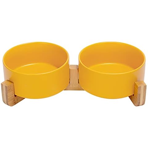Ceramic Dog and Cat Bowl with Wood Stand Non-Slip Matte Glaze Weighted Food Water Set for Cat Medium Dog 28.7 OZ Cover