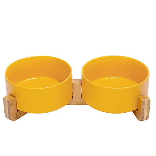 Keramiknapf für Hunde und Katzen, mit Holzständer, rutschfeste Unterseite, Futter-/Wasserspender für Hunde Cover