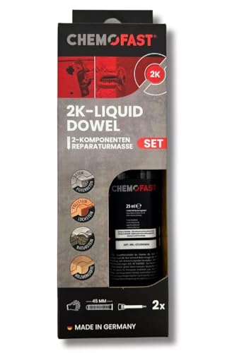 Flüssigdübel 2K Liquid Dowel und Reparaturmasse für ausgerissene Bohrlöcher und Reparaturen ausgebrochener Möbelscharniere in zahlreichen Baustoffen im Innen- und UV-geschützten Außenbereich