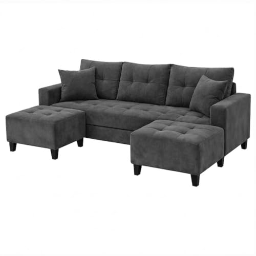 Image of SLEEPIFY Harlon Velvet-Suede Fabric 3 Seater Sofa Set with 2 Ottoman (Dark Gray) | Comfortable & Spacious Seating | Modern Sofa Set for Living Room | Soft Touch Upholstery