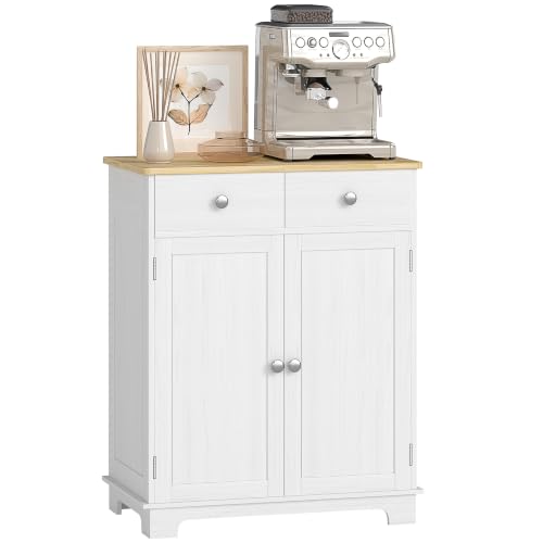 Image of HOMCOM Sideboard Buffet Cabinet Solid Wood Countertop Distressed White