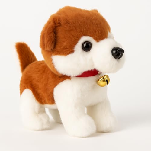 Image of Realistic Dog Plush Toy with Bell - 22cm Soft Stuffed Puppy for Kids | Cute Small Puppy Doll with Brown & White Fur for Boys & Girls