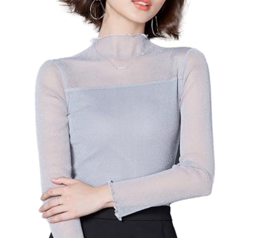 Image of Womens Lace Mesh Sheer Splicing Long Sleeve Tops Mock Neck Eyelash Trim Elegant Long Sleeve Blouse (Gray,XX-Large)