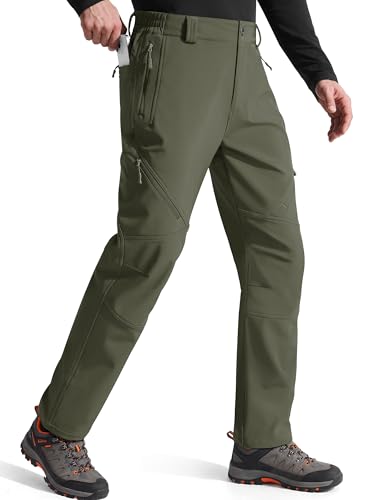 FREE SOLDIER Men's Fleece Lined Outdoor Cargo Hiking Pants Water Repellent Softshell Snow Ski Pants with Zipper Pockets (Army Green 36W x 31L)