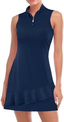 Tennis Dress for Women Golf Outfits Sleeveless Stand Collar Short Dresses with Pockets Zip Up Moisture Wicking for Workout Athletic Dark Blue-M