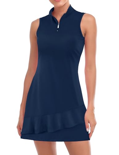 Viracy Tennis Dress for Women Sleeveless Golf Dresses with Shorts and Pockets Ruffle Zip Up Stand Collar Golf Outfits, Solid Dark Blue, Medium