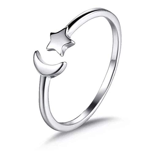 Moon Star Ring 925 Sterling Silver Rings White Rings Adjustable Rings for Women Girls Band Ring Rings Finger Jewelry Wrap Ring Tail Ring Stacking Rings (Silver)